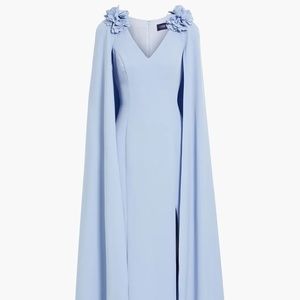 MARCHESA NOTTE Floral-appliquéd Cady Gown with Cape, Light Blue